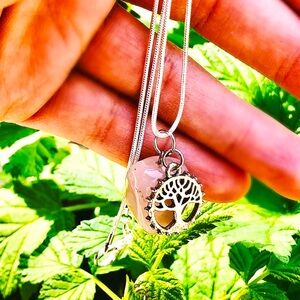 Rose Quartz Tree Of Life Crystal Pendant Necklace With 925 Silver Plated